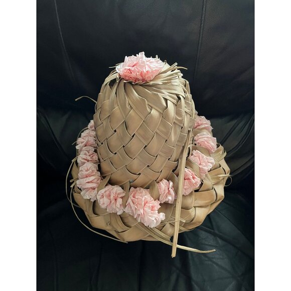 Vtg 1967 Hat Women’s Pink Hawaiian Handmade Palm Frond Woven 7″ x 10 1/2″ - Picture 6 of 6